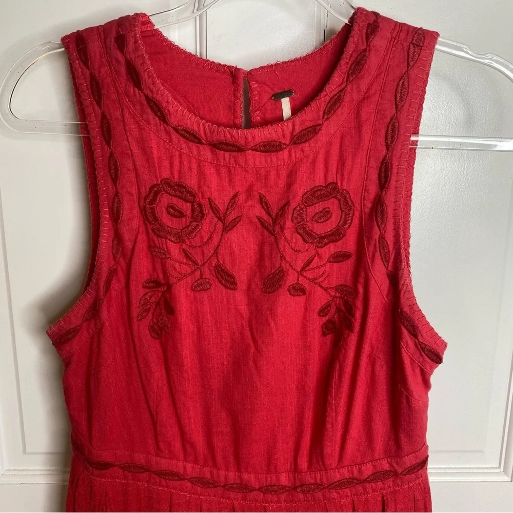 Free People Birds Of A Feather Coral Red Embroidered Sleveless Mini Dres… - Picture 7 of 16